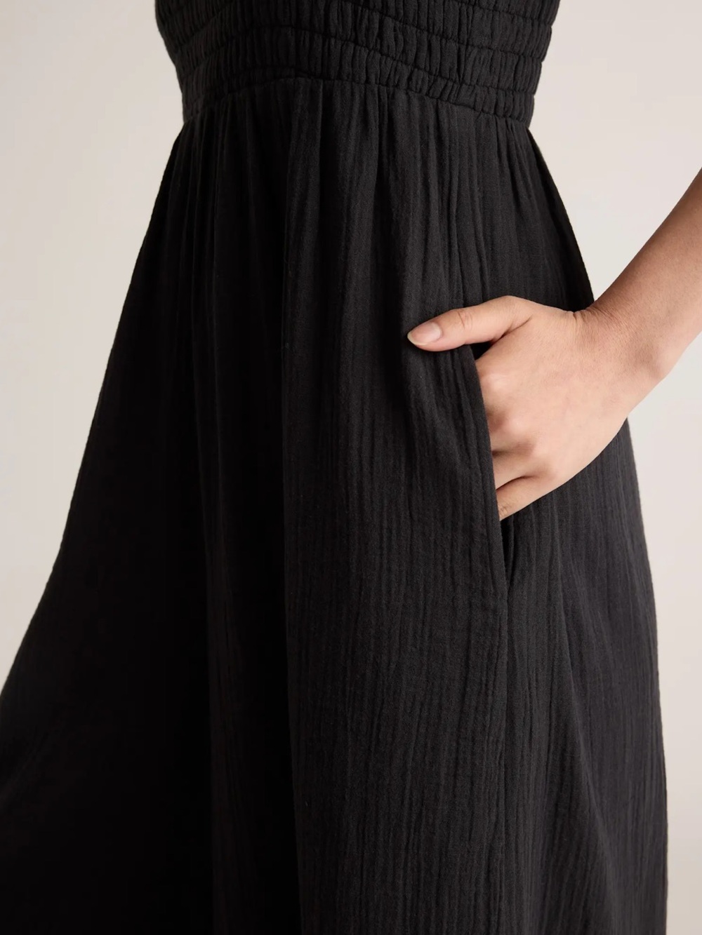 Quince Cotton Black Smocked Wide-Leg Jumpsuit - Picture 3 of 6